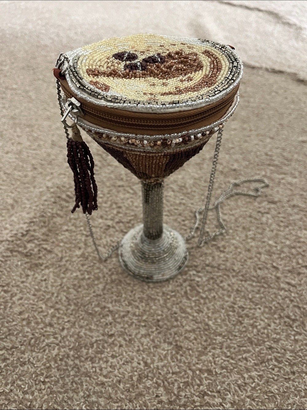 Beaded Martini Glass Crossbody Bag in Brown and Cream